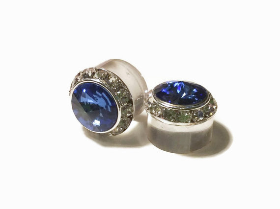 Wedding - 3/4 5/8 9/16 1/2 7/16 Silver Sapphire PLUGS 1 PAIR Made With Swarovski Elements Wedding Bridal Bridesmaid Special Occasion Costume Jewelry