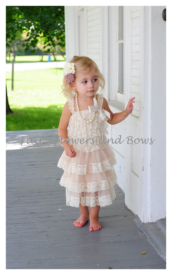 Hochzeit - Champagne  Rustic Lace Chiffon Dress with Matching Headband...Flower Girl Dress, Wedding Dress, Baptism Dress  (Infant, Toddler, Child)
