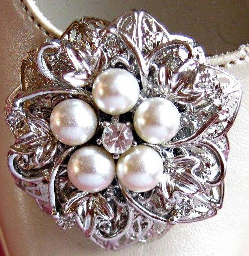 Wedding - Large Rhinestone Crystal and ivory pearl shoe clips, wedding accessories, silver and pearl, flower shoe clips, vintage, victorian style