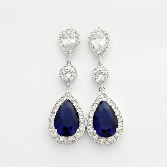 زفاف - Blue Wedding Earrings Blue Bridal Jewelry Teardrop Earrings Sapphire Blue Cubic Zirconia Bridesmaid Gift Something Blue Jewelry