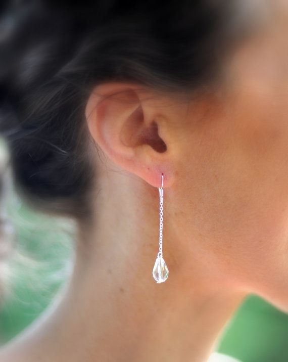 Sterling Silver Crystal Teardrop Earrings with Hibiscus Flower Drops For Weddings Handmade by Adorna Jewellery