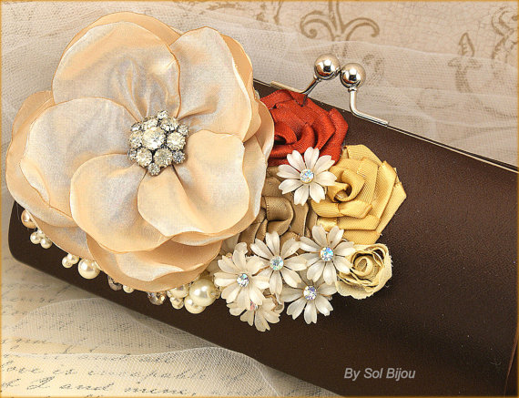Hochzeit - Bridal Clutch in Chocolate Brown, Champagne, Tan, Gold and Burnt Orange with Handmade Flowers, Brooch and Pearls- Fall Wedding