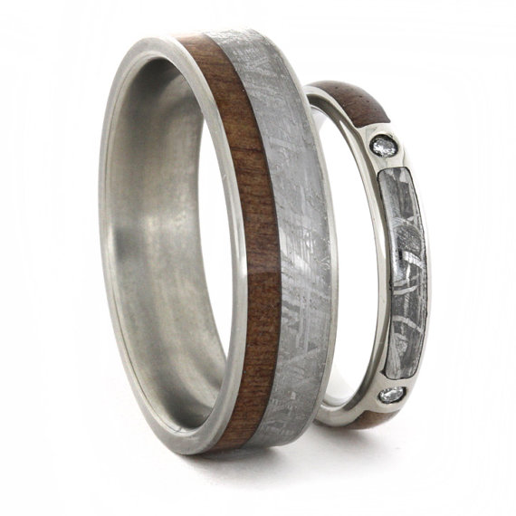 زفاف - Wedding Ring Set, Diamond Engagement Ring and Wedding Band with Meteorite and Wood Inlays, Personalized Custom Made His and Her Rings