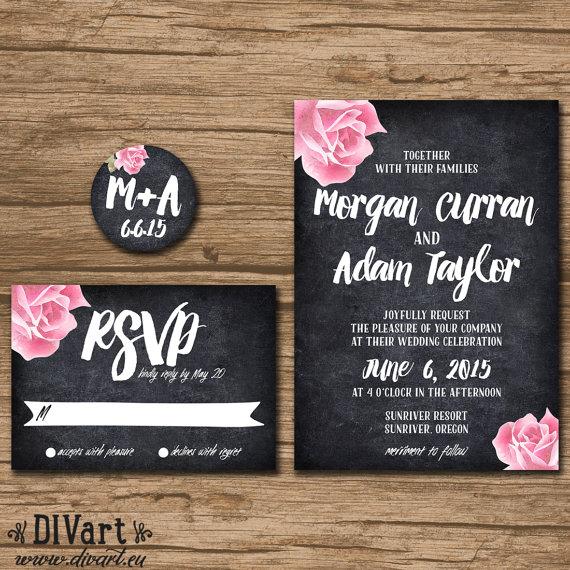 Mariage - Rustic Wedding Invitation Suite, Response Card, Monogram - PRINTABLE files - country wedding, watercolor rose, blackboard - Morgan