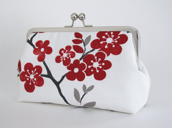 زفاف - Cherry Blossom Clutch In Apple Red,Bridal Accessories,Bridesmaid Clutch,Wedding Clutch,Bags And Purses