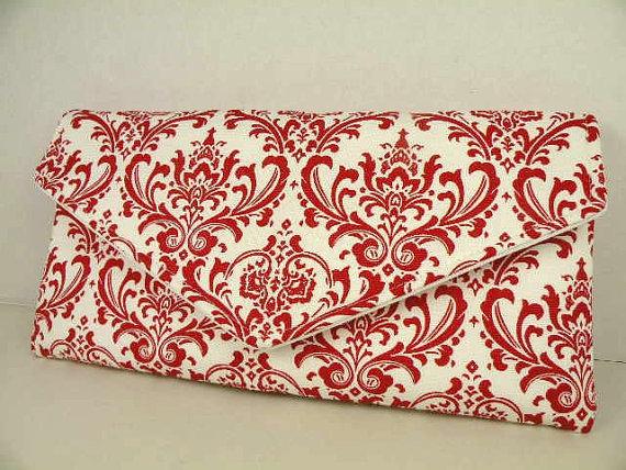 Mariage - Envelope Clutch Evening Bag Purse Weddings Bride Bridesmaid Lipstick Red and White MADISON Damask