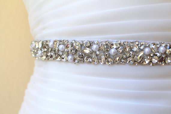 Wedding - Swarovski crystal & pearl beaded bridal sash. 7/8" wide.  Glam rhinestone wedding belt.  CONSTANCE S
