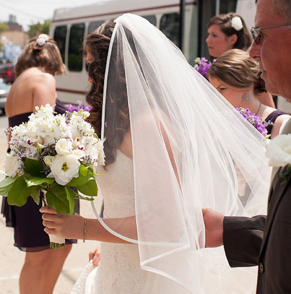 Wedding - Cascading chapel - cathedral length veil with ribbon, bridal veil, satin trim