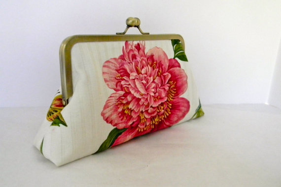 Wedding - Pink Floral Wedding clutch bridal clutch Small Purse, Handbag, with pink flowers, floral,  ideal for Bride,