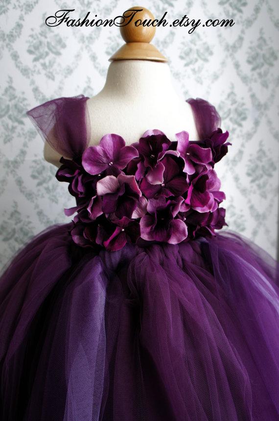 Hochzeit - Flower girl dress Deep Purple and Lavender tutu dress, flower top, hydrangea top, toddler tutu dress
