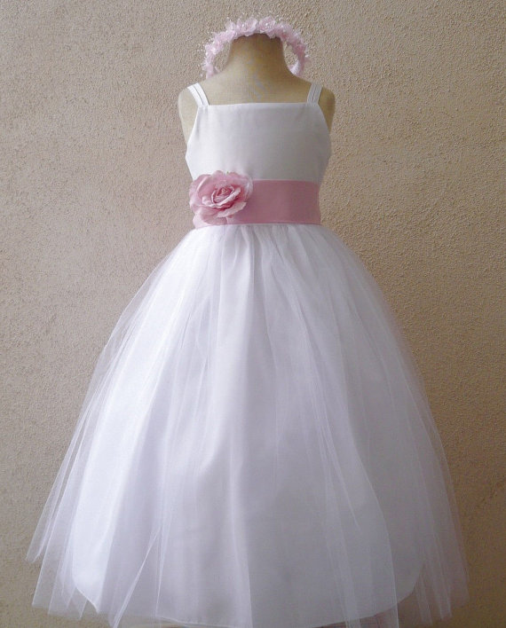 Wedding - Flower Girl Dress - WHITE Tulle Dress (Double Straps) with PINK Light Sash - Communion, Easter, Jr. Bridesmaid, Wedding (FGRP2W)