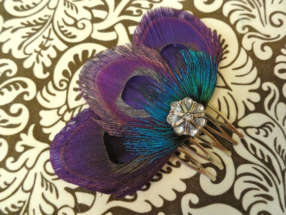 زفاف - ZAZA Purple Peacock Feather Hair Comb, Feather Fascinator