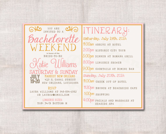 Свадьба - Bachelorette Party Weekend invitation and itinerary custom printable 5x7