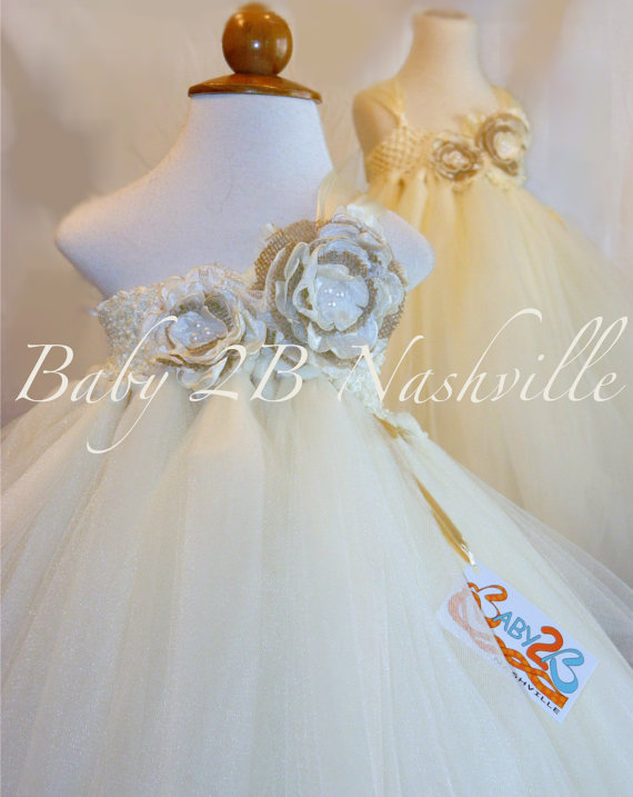 زفاف - Rustic Burlap  Flower Girl Dress in Ivory Wedding Flower Girl Dress All Sizes