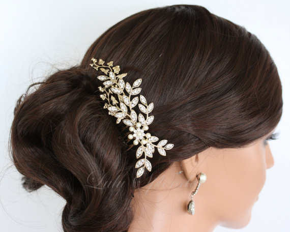 Mariage - Wedding Hair Comb Crystal Leaf Comb Gold Rhinestone Bridal Comb Headpiece White Ivory Pearl Wedding Hair Accessories  NEVE 2