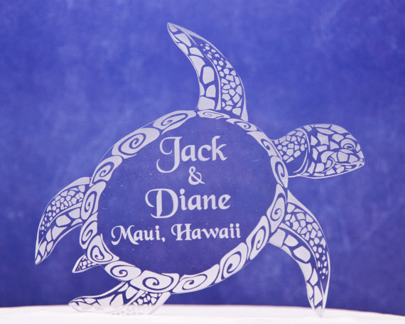 Mariage - Wedding Cake Topper Custom Engraved Sea Turtle Topper with your names
