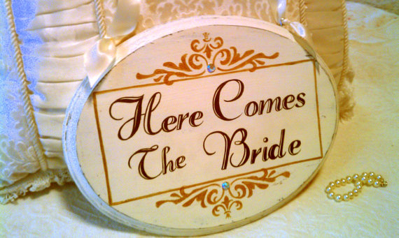 Hochzeit - Here Comes The Bride Wedding Sign GOLD & CRYSTALS Flower Girl Sign Ring Bearer Sign Gold Wedding Decoration