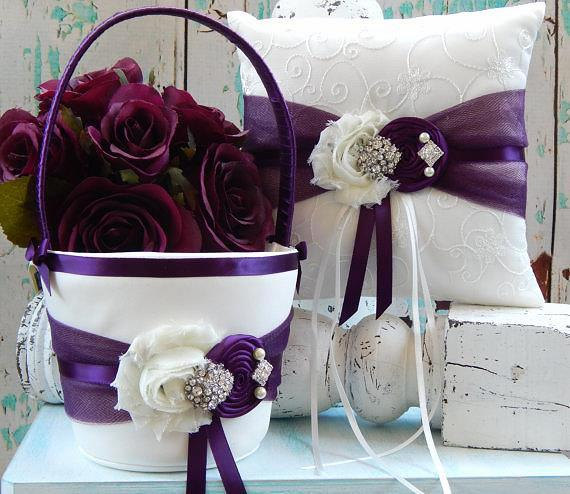 زفاف - Flower girl basket / Plum Flower girl basket / Ring bearer pillow / YOU DESIGN / Plum Flower girl basket and Ring bearer pillow set