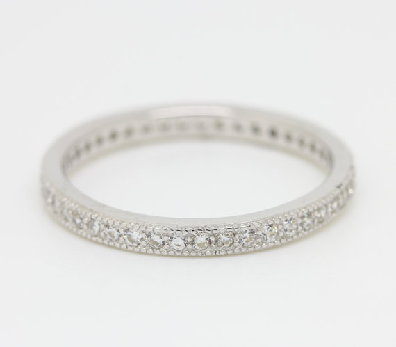 Wedding - 1.8mm wide Full Eternity / stacking ring with natural White Sapphires in white gold filled or sterling silver
