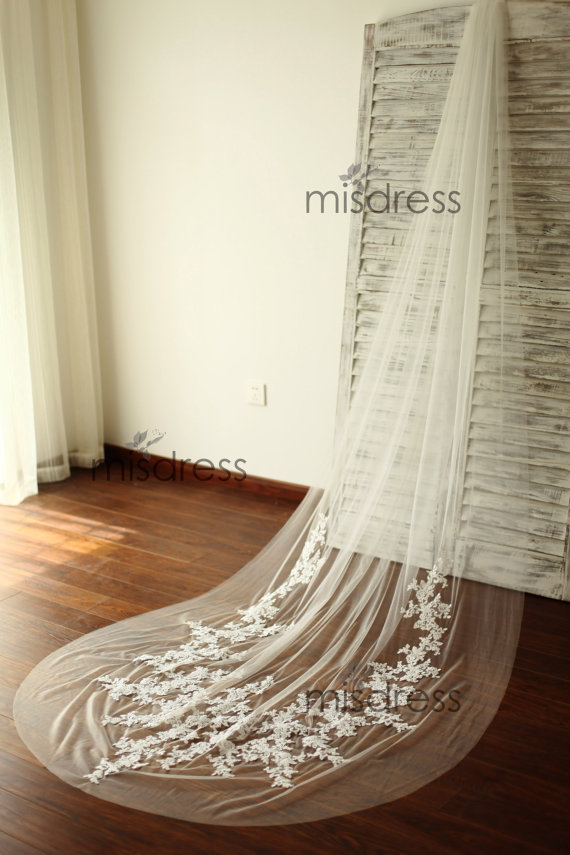 Hochzeit - French Alencon Lace Veil/Bridal Veil/Wedding Veil/3M Long Cathedral Veil/Comb Veil/Lace Appliques Veil/Bridal Headpiece