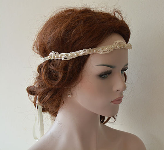 زفاف - Rustic Wedding Headband, Lace and Pearl Headband, Wedding Hair Accessory, Bridal Hair Accessory