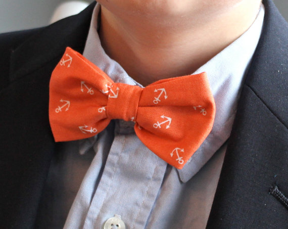 زفاف - Bow Tie for boys in Orange Anchors - clip on - Ring Bearer Attire