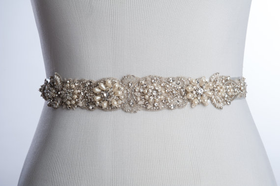 زفاف - LOANE Bridal beaded belt, wedding dress sash , wedding sash, , wedding belt, rhinestone beaded sash with ivory pearls - Style W-SB046