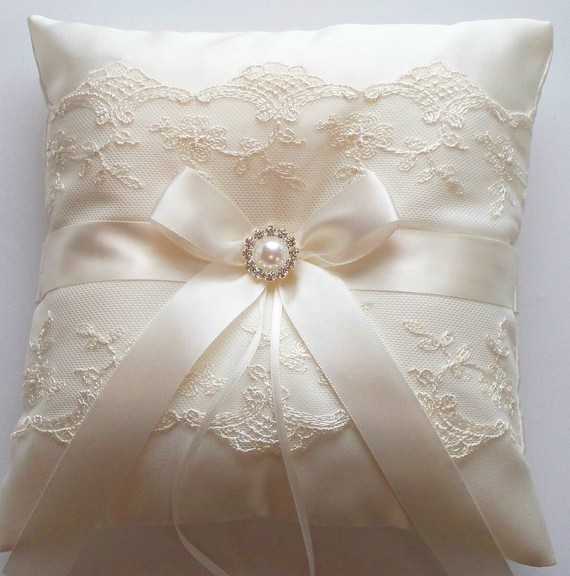 Hochzeit - Wedding Ring Pillow with Net Lace, Ivory Satin Bow and a Pearl Surrounded by Crystals  - The NICOLE Pillow