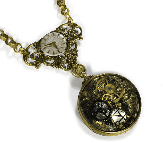 زفاف - Steampunk Jewelry Necklace Vintage GERMAN 1800s OPTICAL LENS Gears Victorian Handmade Steam Punk Wedding - Steampunk Jewelry by edmdesigns