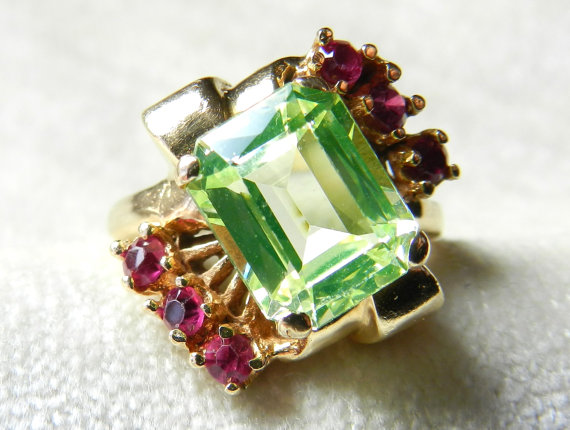 Hochzeit - Spinel Engagement Ring Art Deco Ring 14K 3 Carat Green Spinel Ring Ruby Ring July birthday