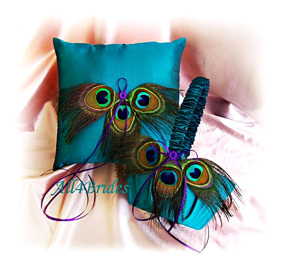 Hochzeit - Teal and Purple Peacock Wedding Ring Pillow and Flower Girl Basket, Peacock Feathers Basket and Pillow, Peacock Weddings Ceremony Decor