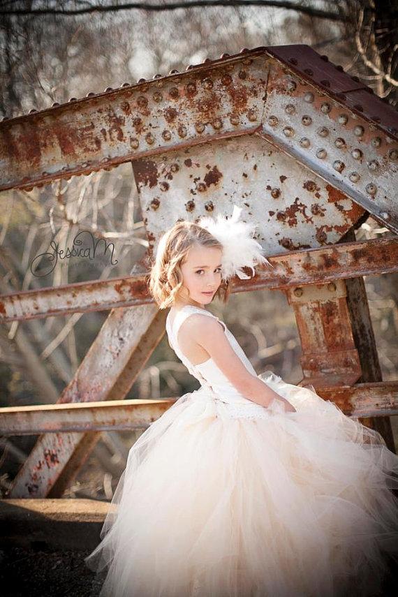 Hochzeit - Ivory and Champagne Dress and Feather Hair piece..satin and lace ....Flower Girl Dress..Vintage Photography Prop
