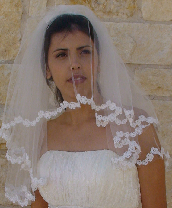 Wedding - Wedding Bridal  Lace Veil,  Beaded Flower lace  Edge,  Elbow Size,  Ivory or White