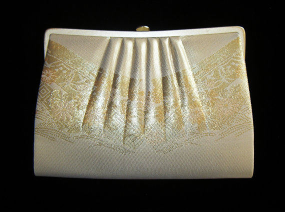 Wedding - Vintage Japanese SILK Kimono CLUTCH Bag w/ Chain Handle Inside or Out, Gold Flowers Waves, Mint Perfect for Evening, Wedding, Prom,DateNight