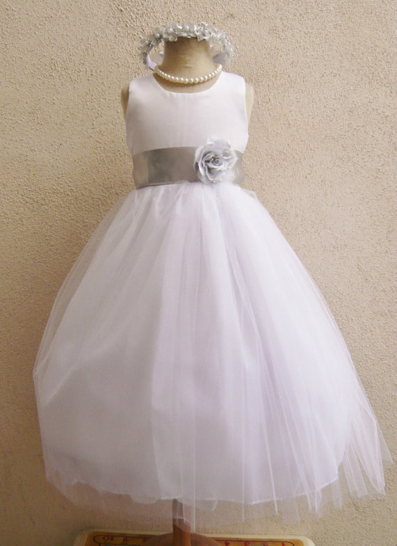 white and silver flower girl dress