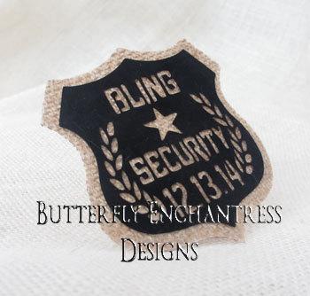 Hochzeit - Ring Bearer Ring Security Badge Gift - BLING SECURITY - Natural Burlap Black - Personalized Custom Wedding Date - BE Lapel