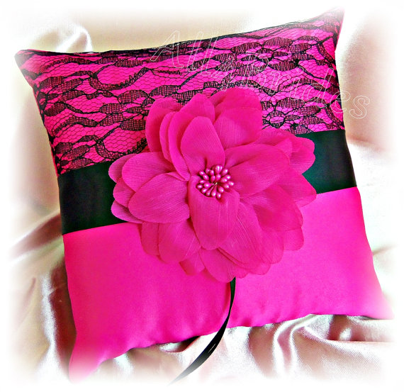 Hochzeit - Wedding ring bearer pillow in hot pink fuchsia and black lace, wedding ring cushion