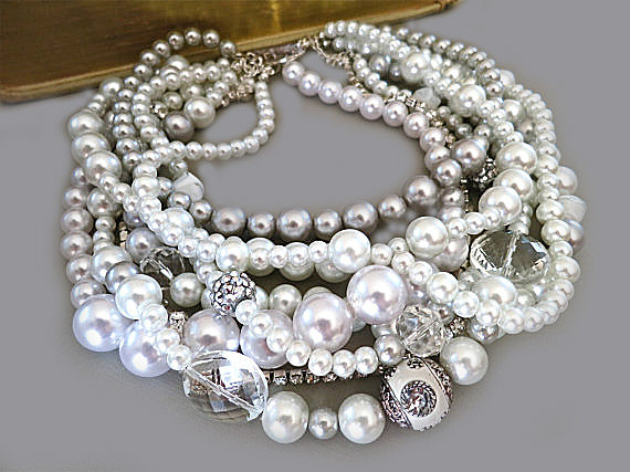 Hochzeit - Pearl Statement Necklace, Chunky Bridal Necklace, Wedding Jewellery Choker Grey White Pearls Crystal Rhinestone Necklace