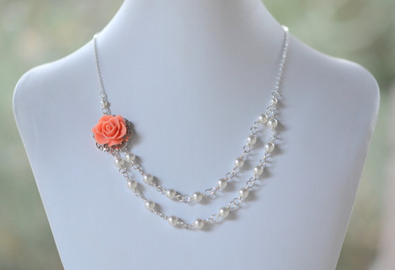 Mariage - Bridesmaid Jewelry Coral Dainty Double Strand Pearl Necklace.  Fashion Rose Necklace.  Wedding Jewelry. Bridal Party Jewelry.