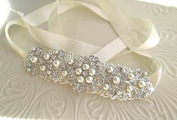 Hochzeit - Bridal headband wedding hairpiece Crystal wedding Hairband Pearl Hair ribbon  Bridal Jeweled Head band Ivy Rose Collection
