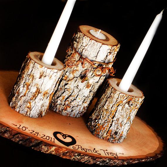 Wedding - Unity Candle Set with Personalized Tree slice and Charms