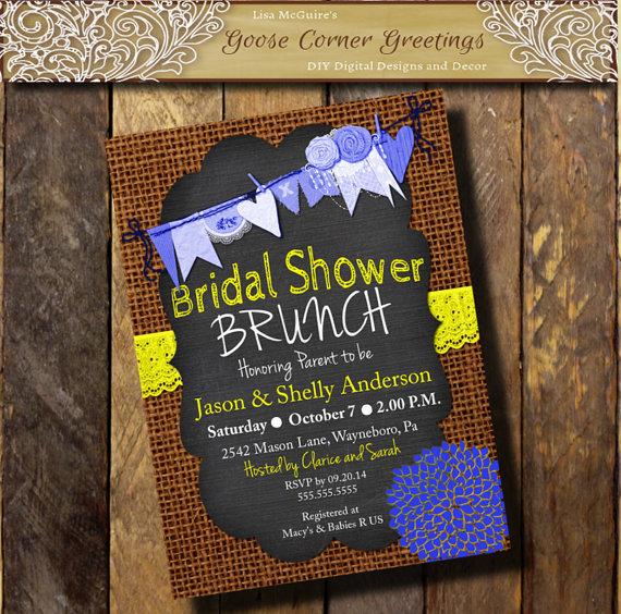 Mariage - Burlap Chalkboard Bridal Shower Invitation Brunch Rustic Rehearsal Dinner Wedding invitations Surprise any color Yellow Blue