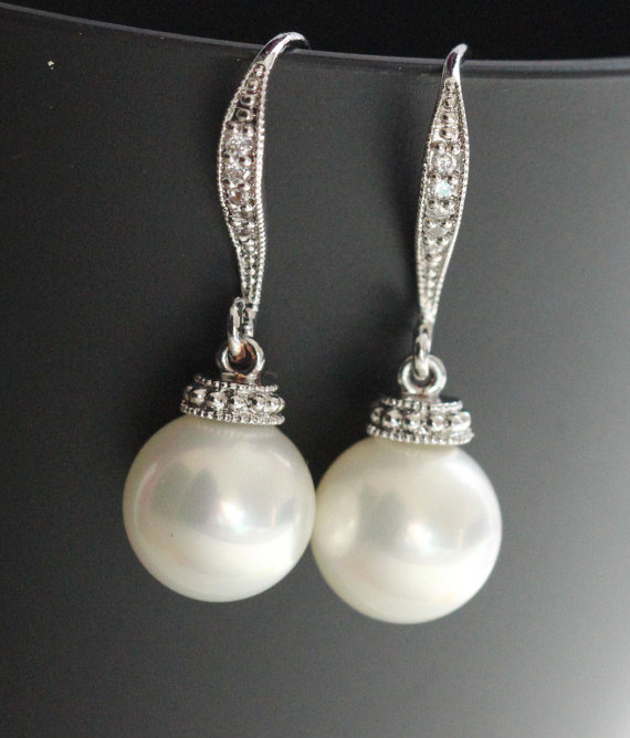 Свадьба - drop pearl earring , round pearl earring , bridesmaid earring , drop earring