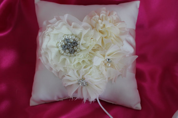 Wedding - Ring Bearer Pillow Cream or White with Chiffon Flowers Embellished with Mixed Cream Flowers-Rhinestones and Pearls