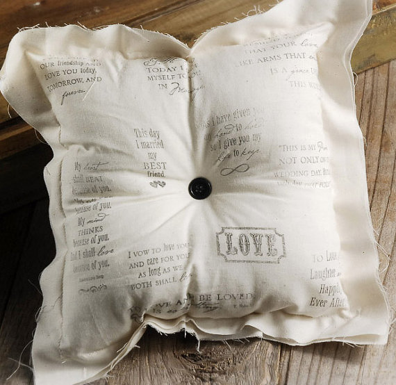 Mariage - Rustic Chic Wedding Script Ring Bearer Pillow Shabby Spring Woodland garden summer French Script Ceremony Church Vintage Style