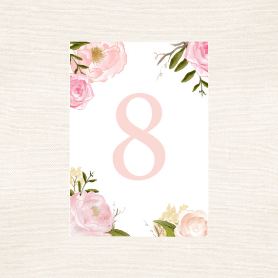 Wedding - Bright Pink Water Color Floral Wedding Table Number