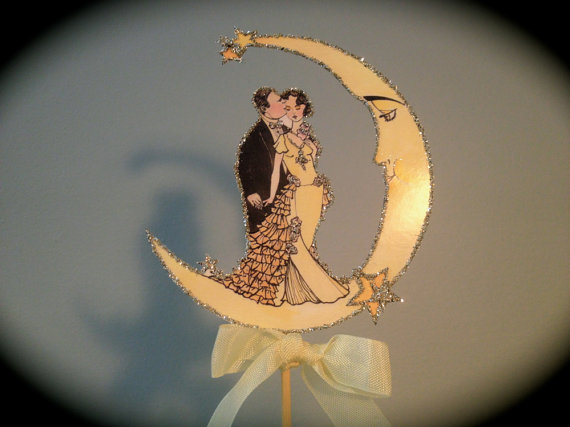 Wedding - Wedding Cake Topper -Crescent Moon - Small Size-  Art Nouveau- Silver Glitter