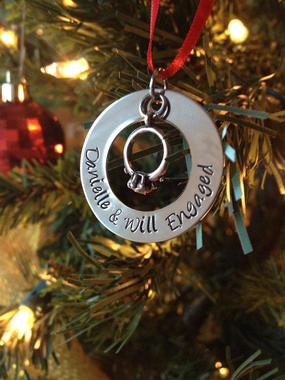 Hochzeit - Engagement  Ring Engaged Couple Christmas Ornament Custom Hand Stamped CH012