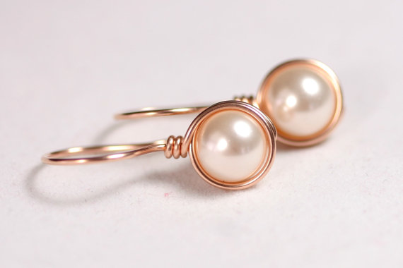 Hochzeit - Rose Gold Earrings Wire Wrapped Jewelry Handmade Pearl Drop Earrings Pink Gold Earrings Rose Gold Pearl Earrings Bridal Pearl Earrings