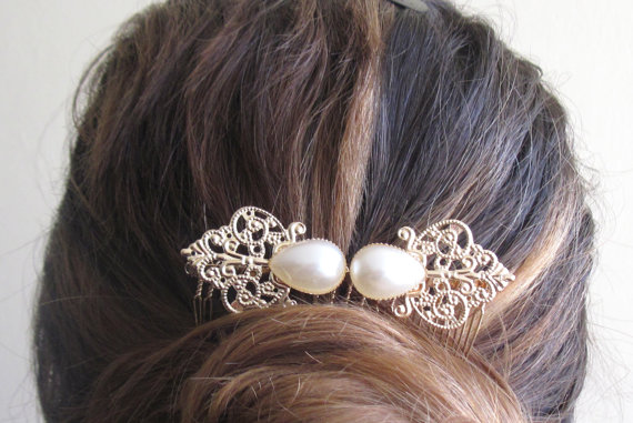 Wedding - Gold Lace Hair Comb With Pearl - Gold Filigree Hair Comb With Pearl - Gold Bridal hair comb - Wedding Hair Accessory -Wedding HairPiece